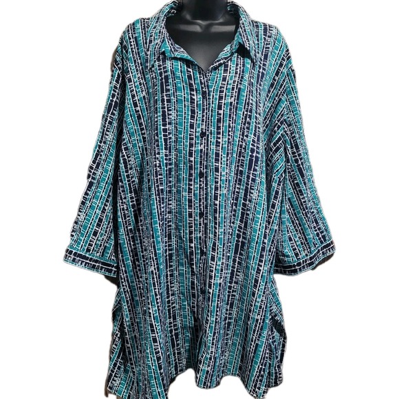 Tops - Catherines Button Front Geometric Blouse Top Plus Size 4X Green/Dark Blue